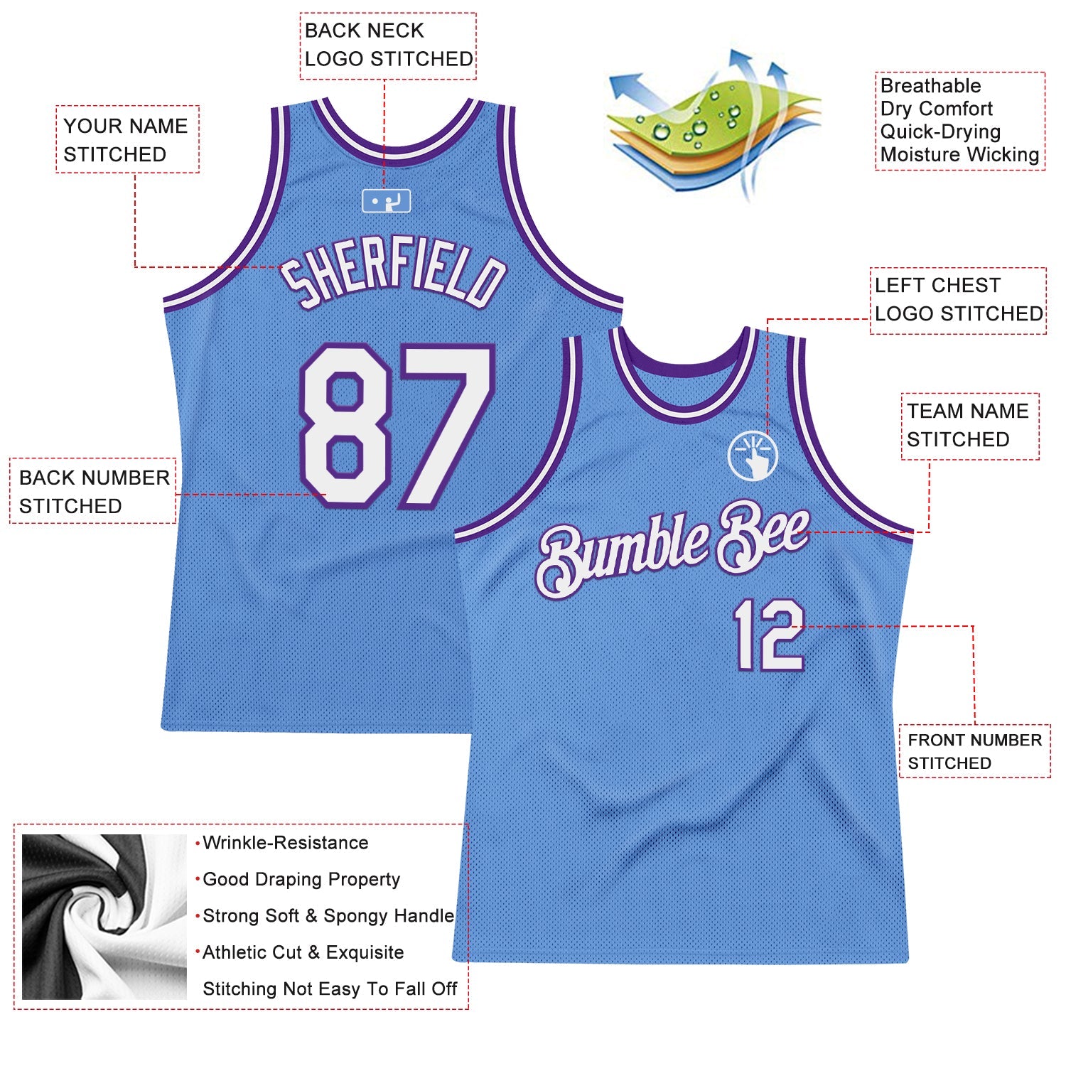 Custom Light Blue White-Purple Authentic Throwback Basketball Jersey - Sky-Custom