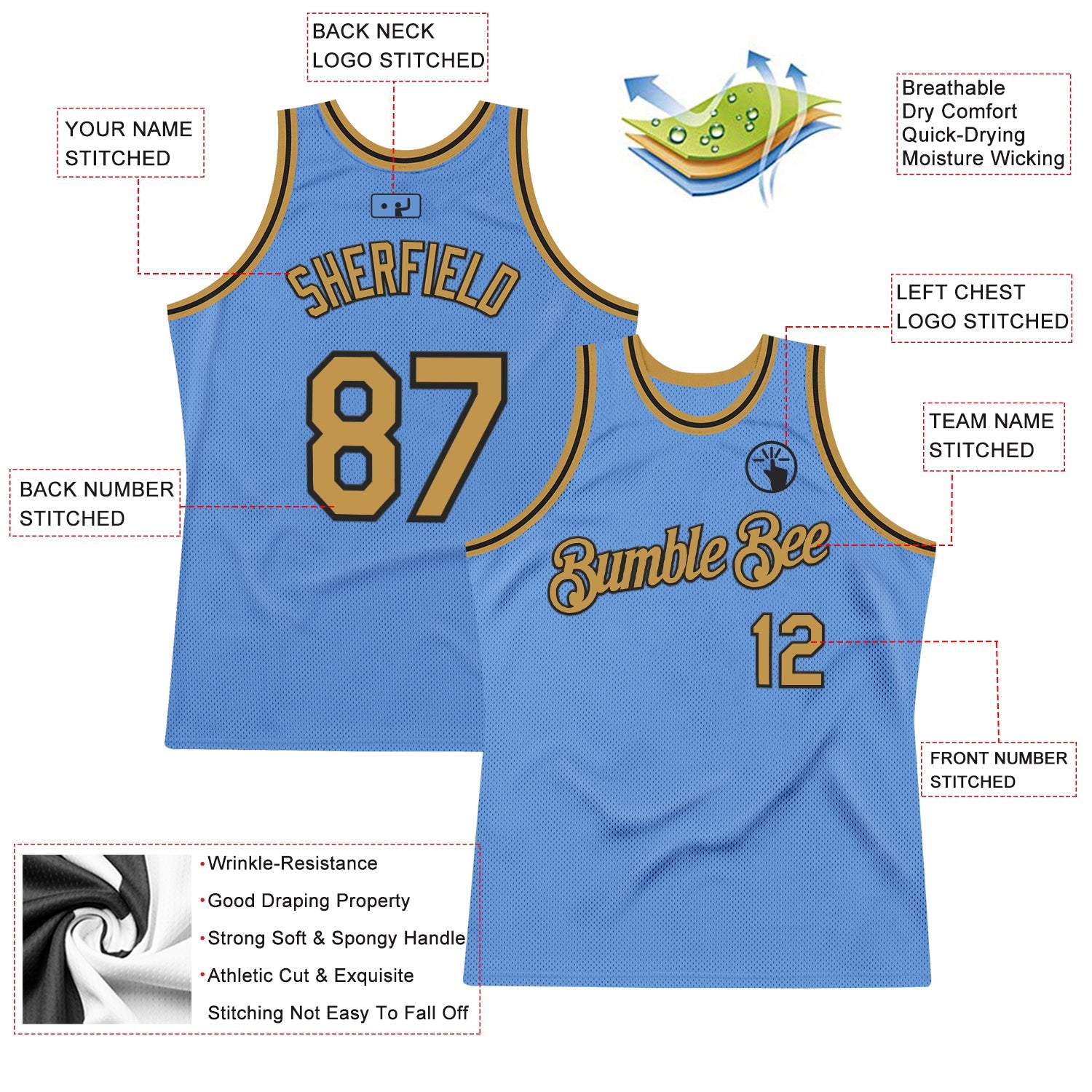 Custom Light Blue Old Gold-Black Authentic Throwback Basketball Jersey - Sky-Custom