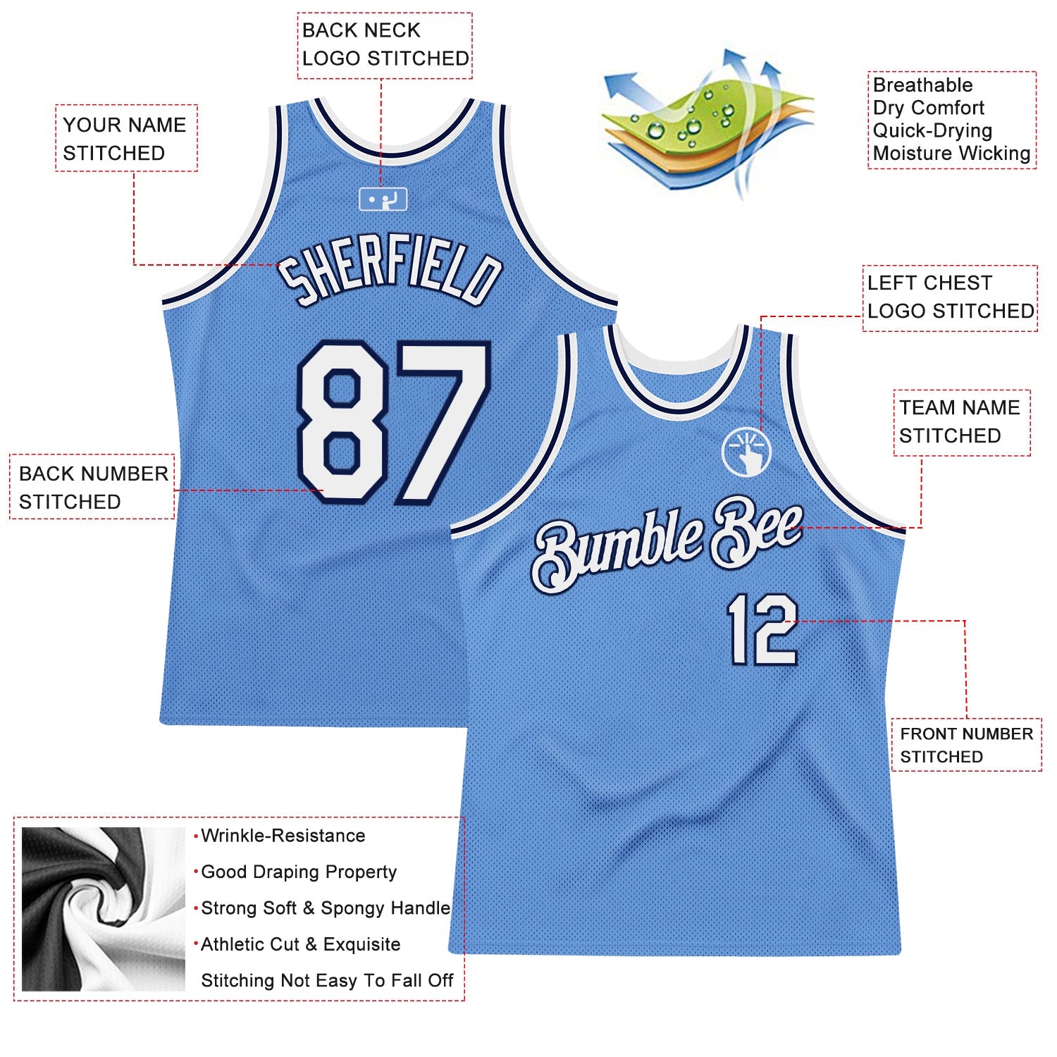 Custom Light Blue White-Navy Authentic Throwback Basketball Jersey - Sky-Custom
