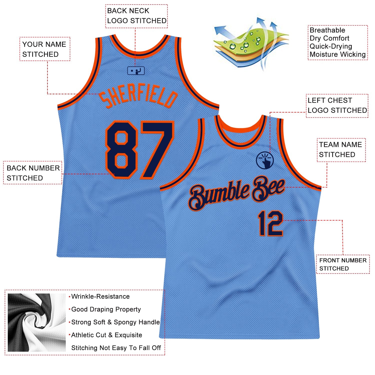 Custom Light Blue Navy-Orange Authentic Throwback Basketball Jersey - Sky-Custom
