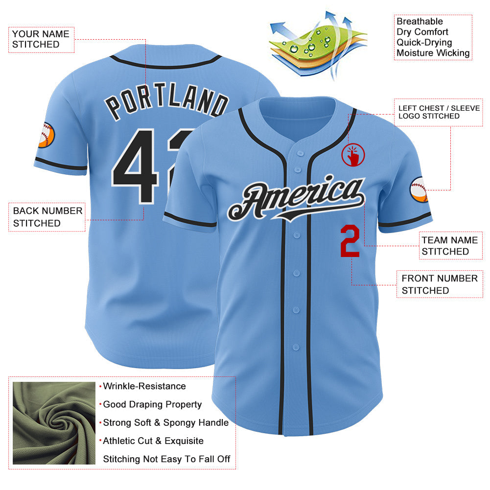 Custom Light Blue Black White-Red Authentic Baseball Jersey - Sky-Custom