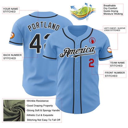 Custom Light Blue Black White-Red Authentic Baseball Jersey - Sky-Custom
