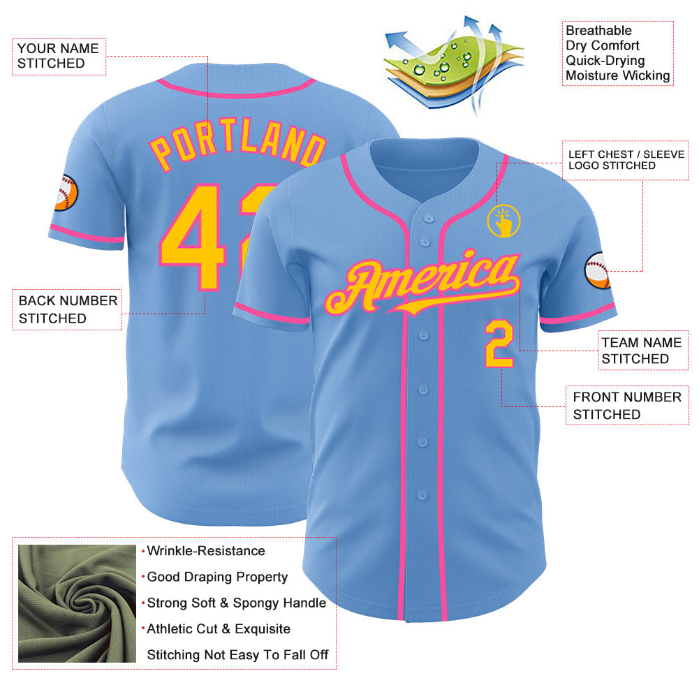 Custom Light Blue Yellow-Pink Authentic Baseball Jersey - Sky-Custom