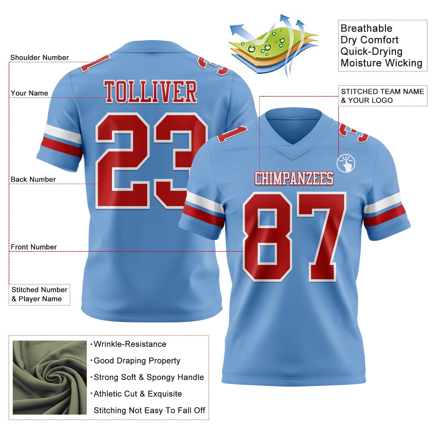 Custom Light Blue Red-White Mesh Authentic Football Jersey - Sky-Custom