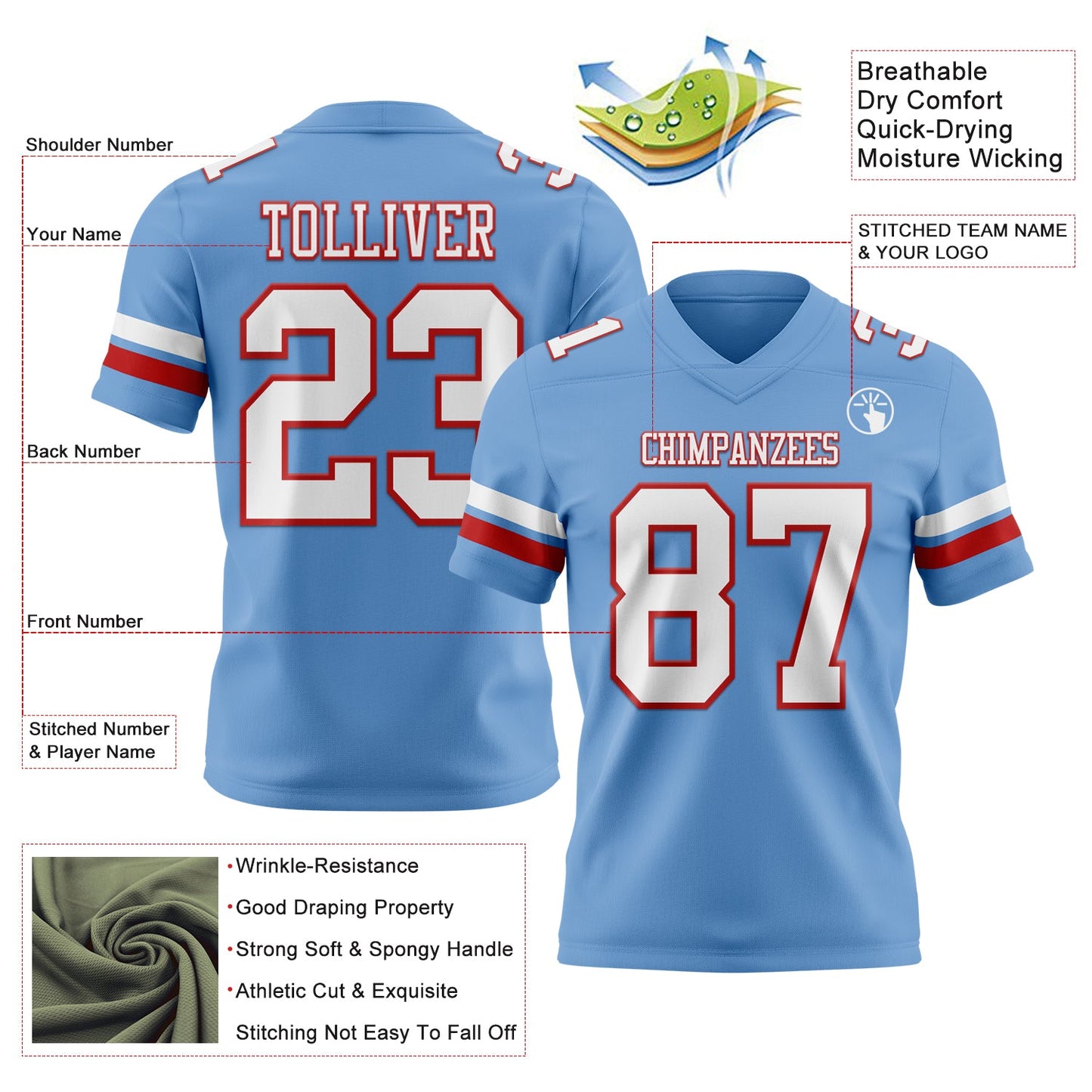 Custom Light Blue White-Red Mesh Authentic Football Jersey - Sky-Custom