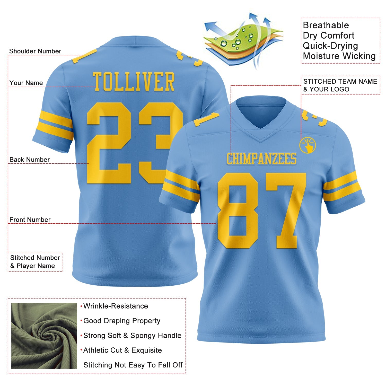 Custom Light Blue Yellow Mesh Authentic Football Jersey - Sky-Custom