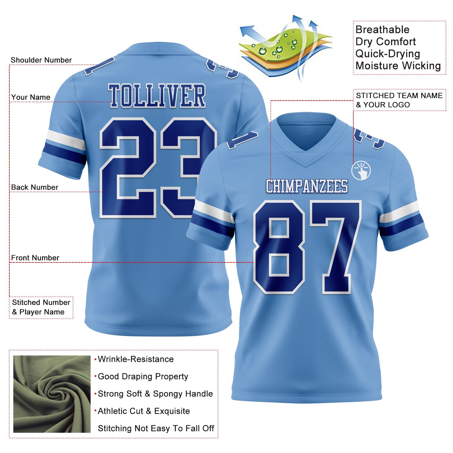 Custom Light Blue Royal-White Mesh Authentic Football Jersey - Sky-Custom