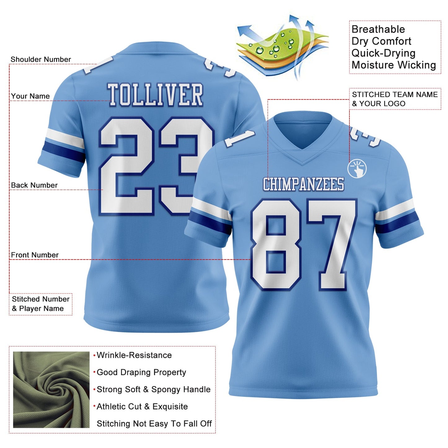 Custom Light Blue White-Royal Mesh Authentic Football Jersey - Sky-Custom