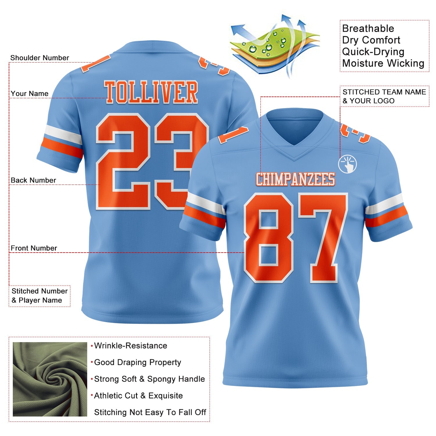 Custom Light Blue Orange-White Mesh Authentic Football Jersey - Sky-Custom
