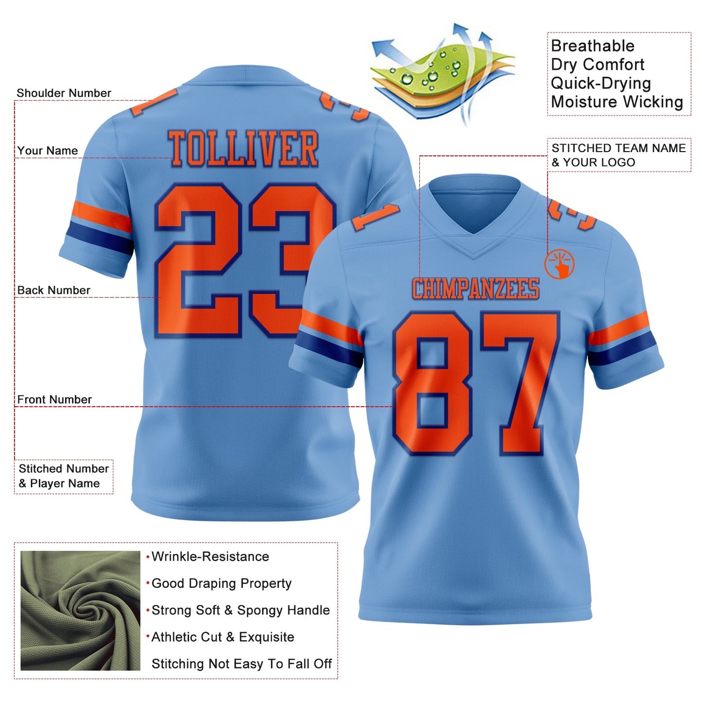 Custom Light Blue Orange-Royal Mesh Authentic Football Jersey - Sky-Custom