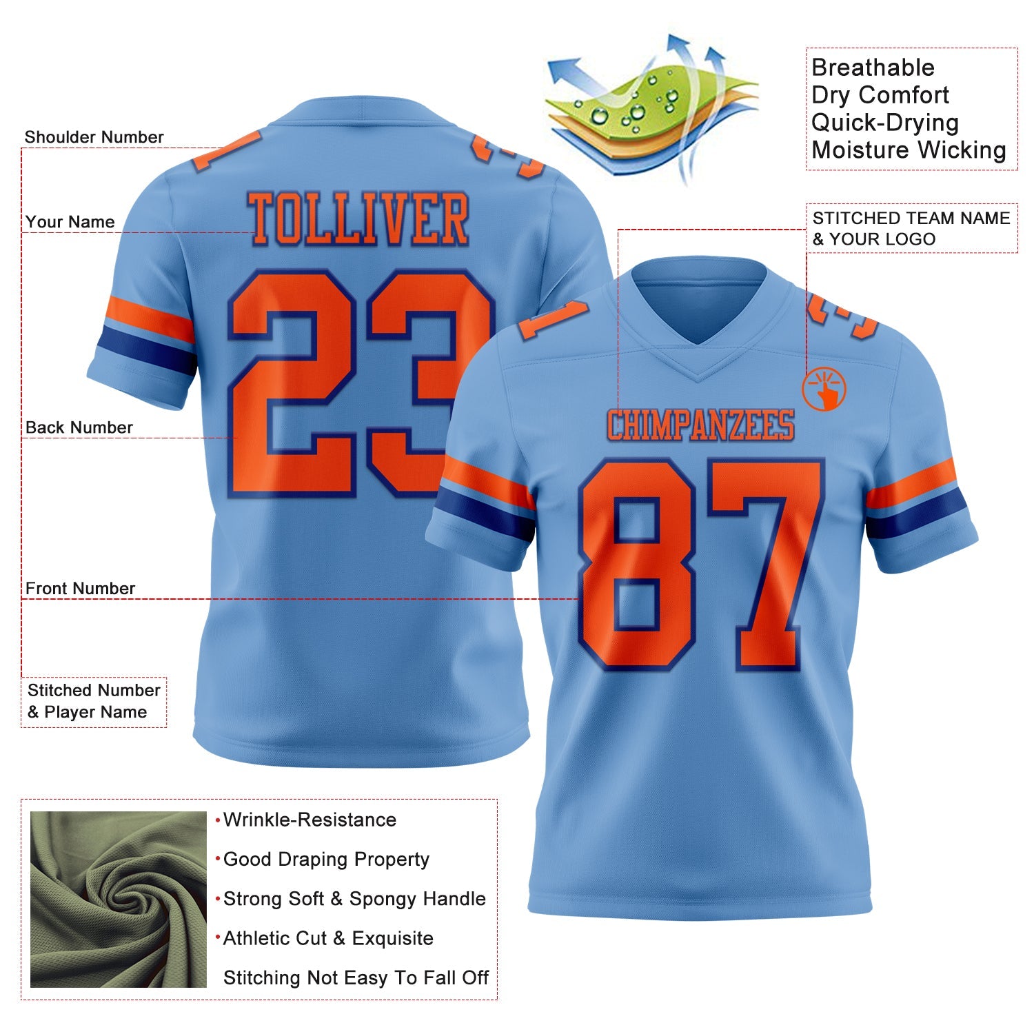 Custom Light Blue Orange-Royal Mesh Authentic Football Jersey - Sky-Custom