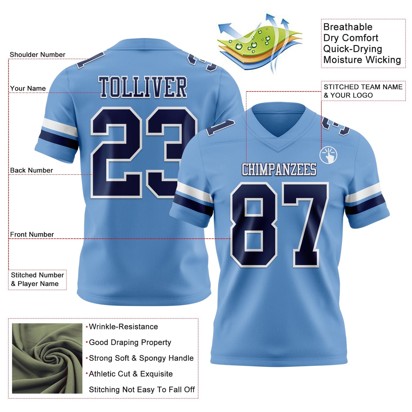 Custom Light Blue Navy-White Mesh Authentic Football Jersey - Sky-Custom