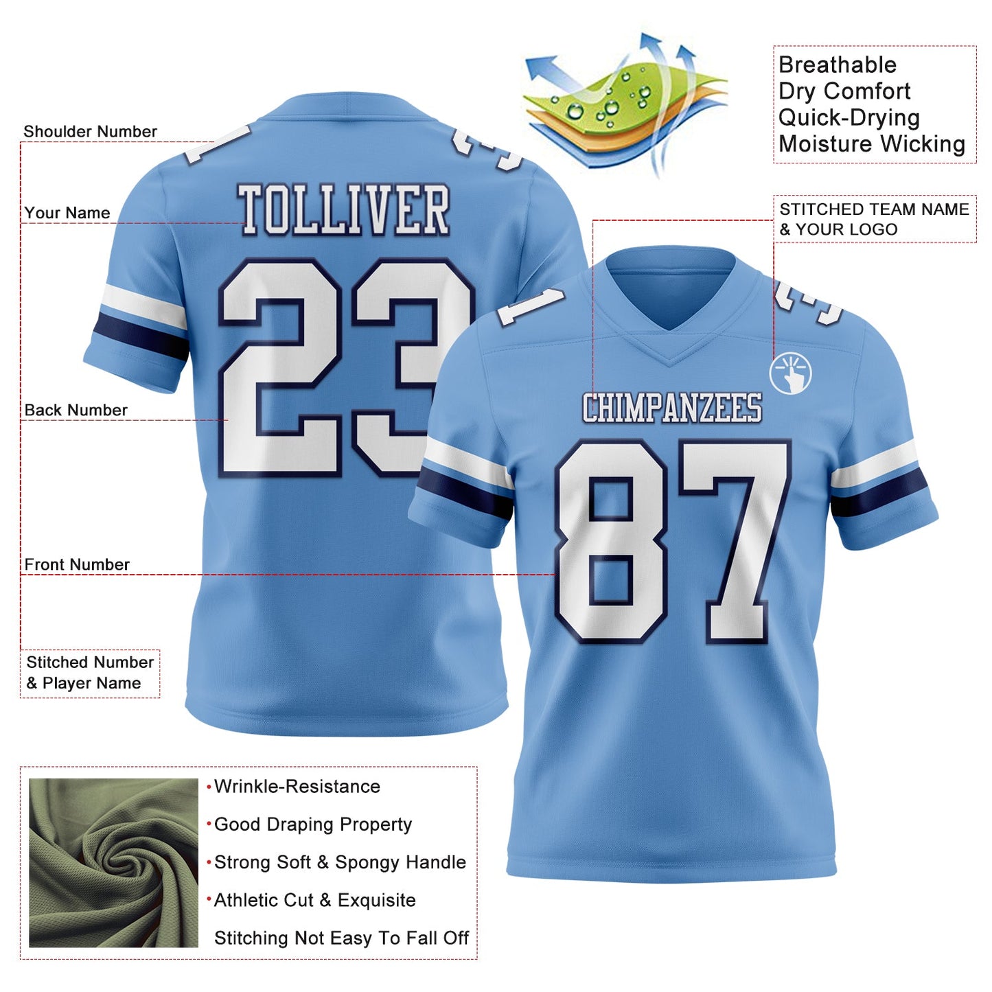 Custom Light Blue White-Navy Mesh Authentic Football Jersey - Sky-Custom