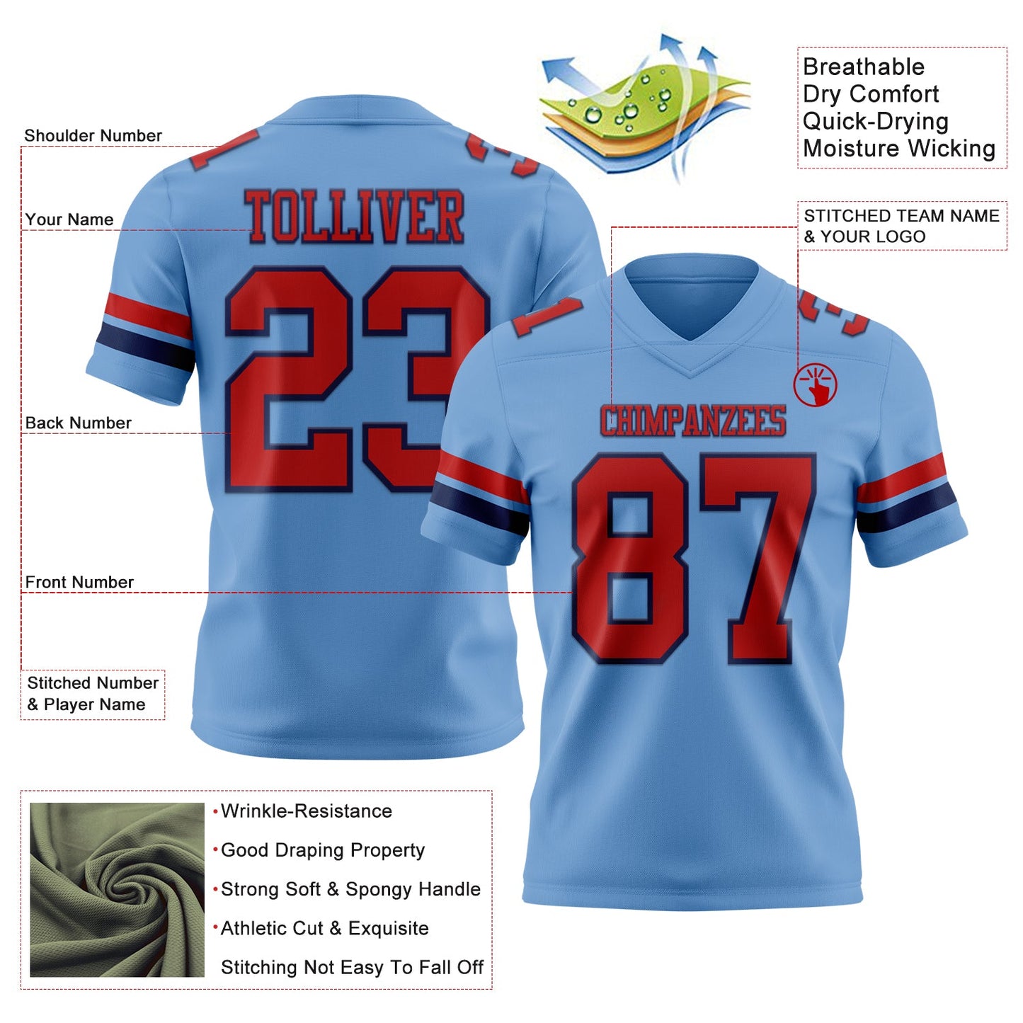 Custom Light Blue Red-Navy Mesh Authentic Football Jersey - Sky-Custom