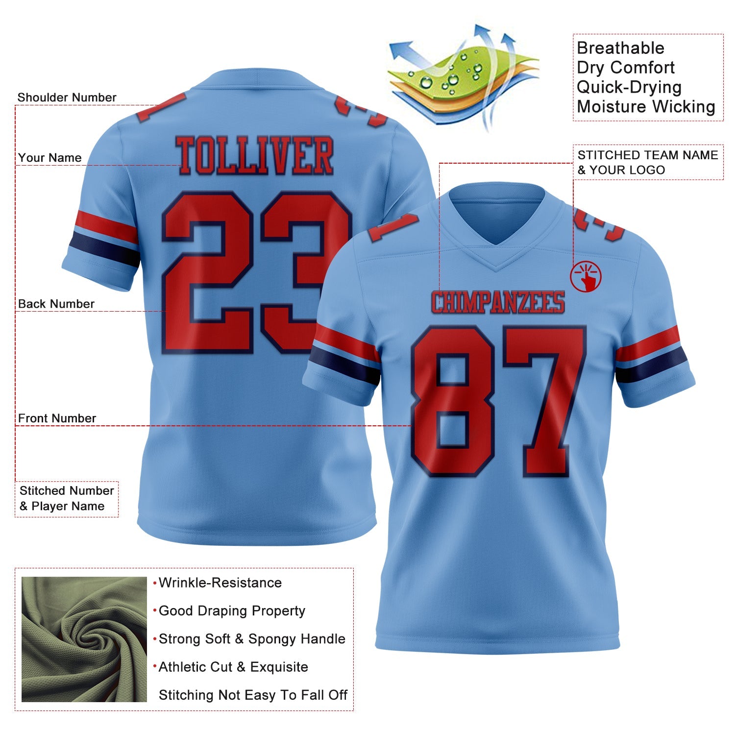 Custom Light Blue Red-Navy Mesh Authentic Football Jersey - Sky-Custom