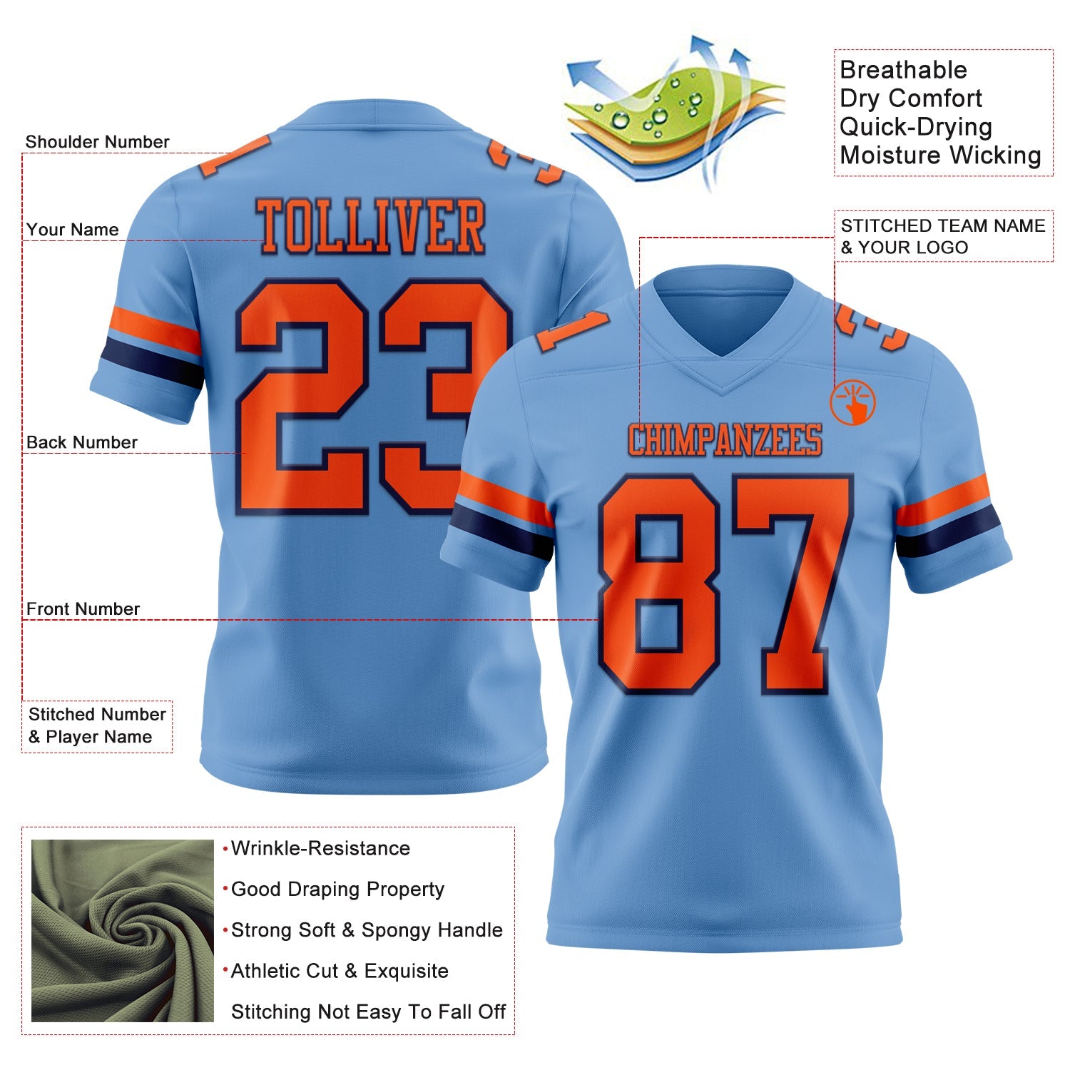 Custom Light Blue Orange-Navy Mesh Authentic Football Jersey - Sky-Custom