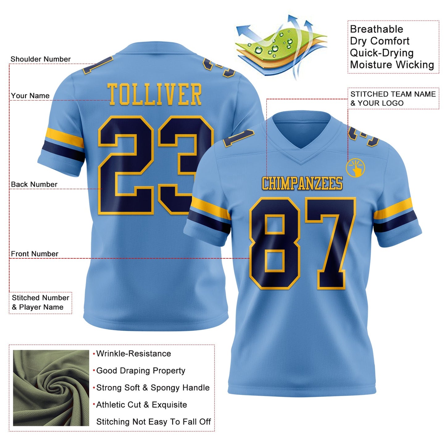 Custom Light Blue Navy-Gold Mesh Authentic Football Jersey - Sky-Custom