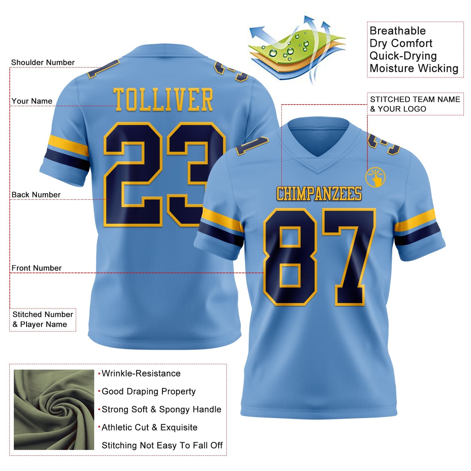 Custom Light Blue Navy-Gold Mesh Authentic Football Jersey - Sky-Custom