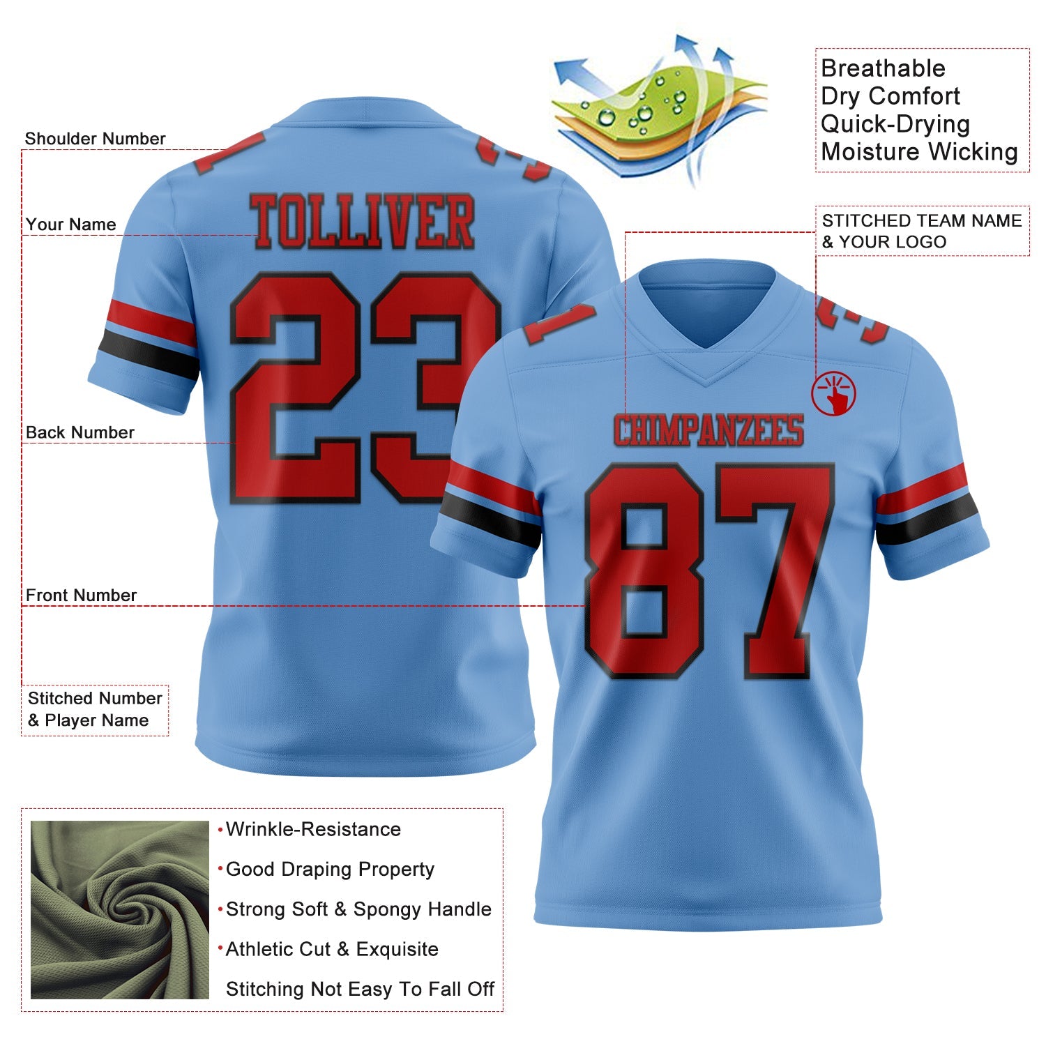 Custom Light Blue Red-Black Mesh Authentic Football Jersey - Sky-Custom