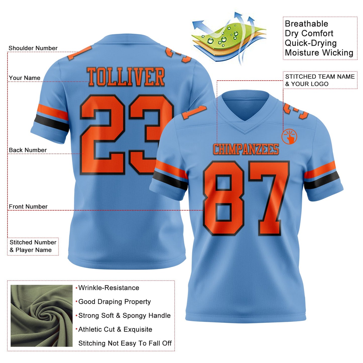 Custom Light Blue Orange-Black Mesh Authentic Football Jersey - Sky-Custom
