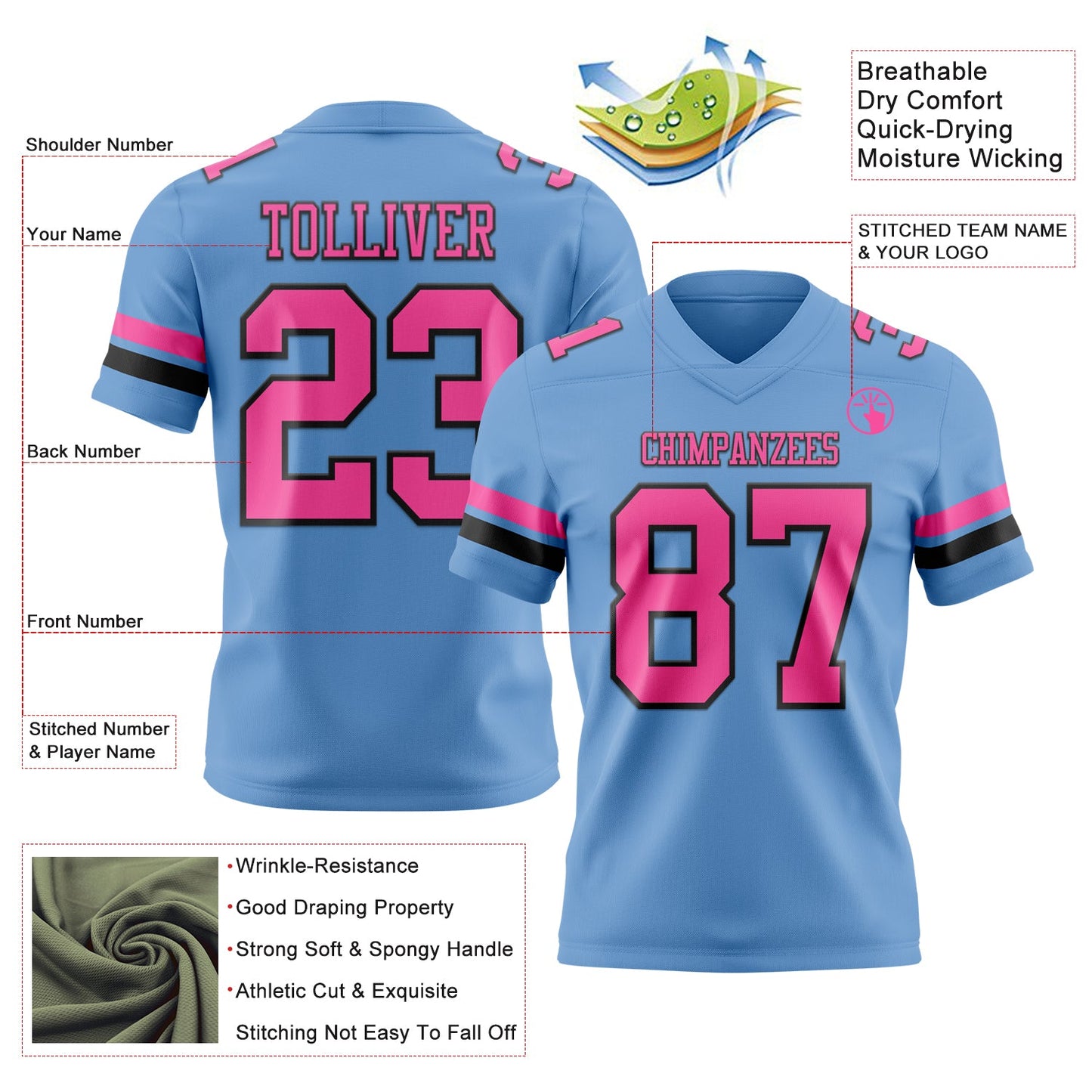 Custom Light Blue Pink-Black Mesh Authentic Football Jersey - Sky-Custom