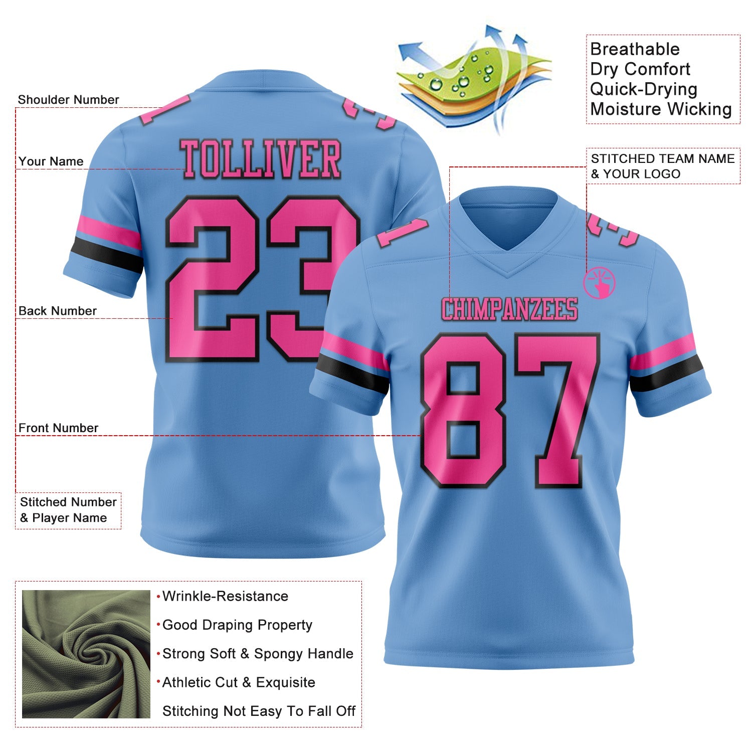 Custom Light Blue Pink-Black Mesh Authentic Football Jersey - Sky-Custom