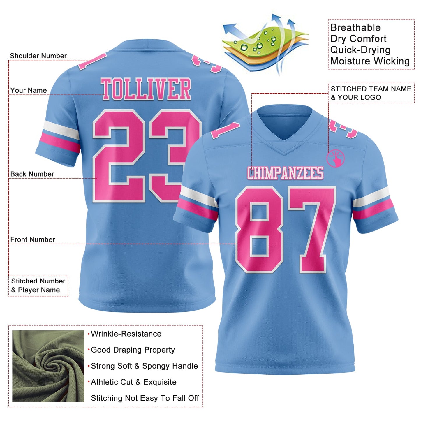 Custom Light Blue Pink-White Mesh Authentic Football Jersey - Sky-Custom