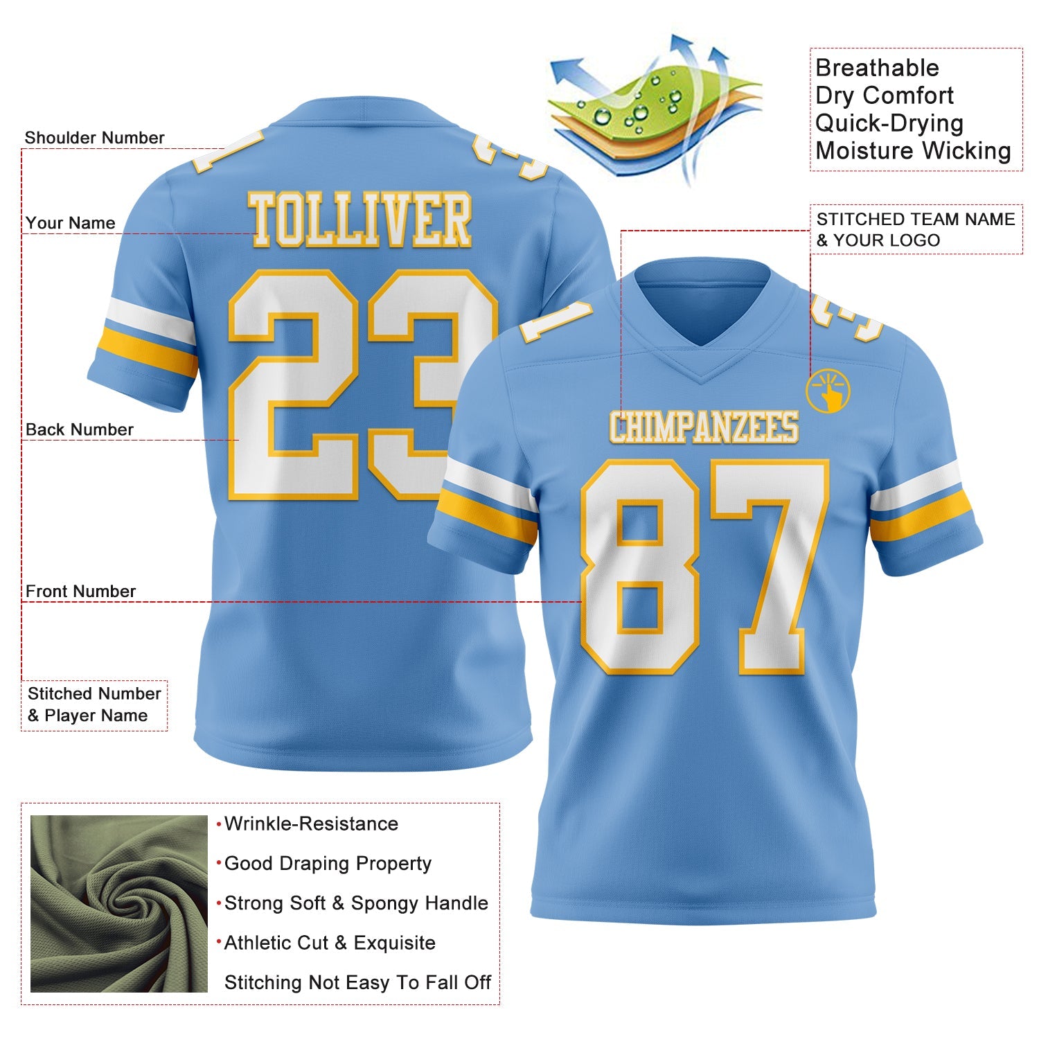 Custom Light Blue White-Gold Mesh Authentic Football Jersey - Sky-Custom