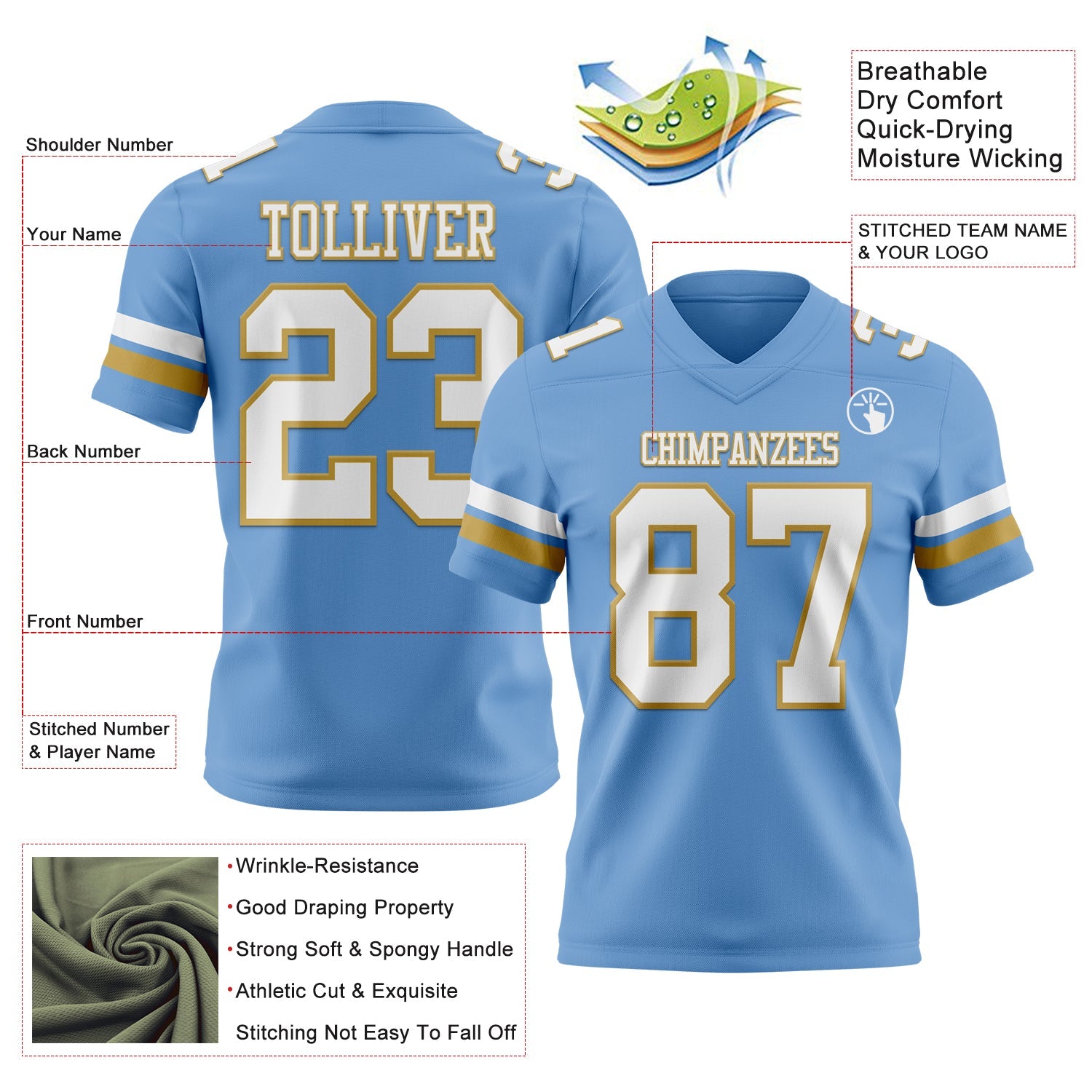 Custom Light Blue White-Old Gold Mesh Authentic Football Jersey - Sky-Custom