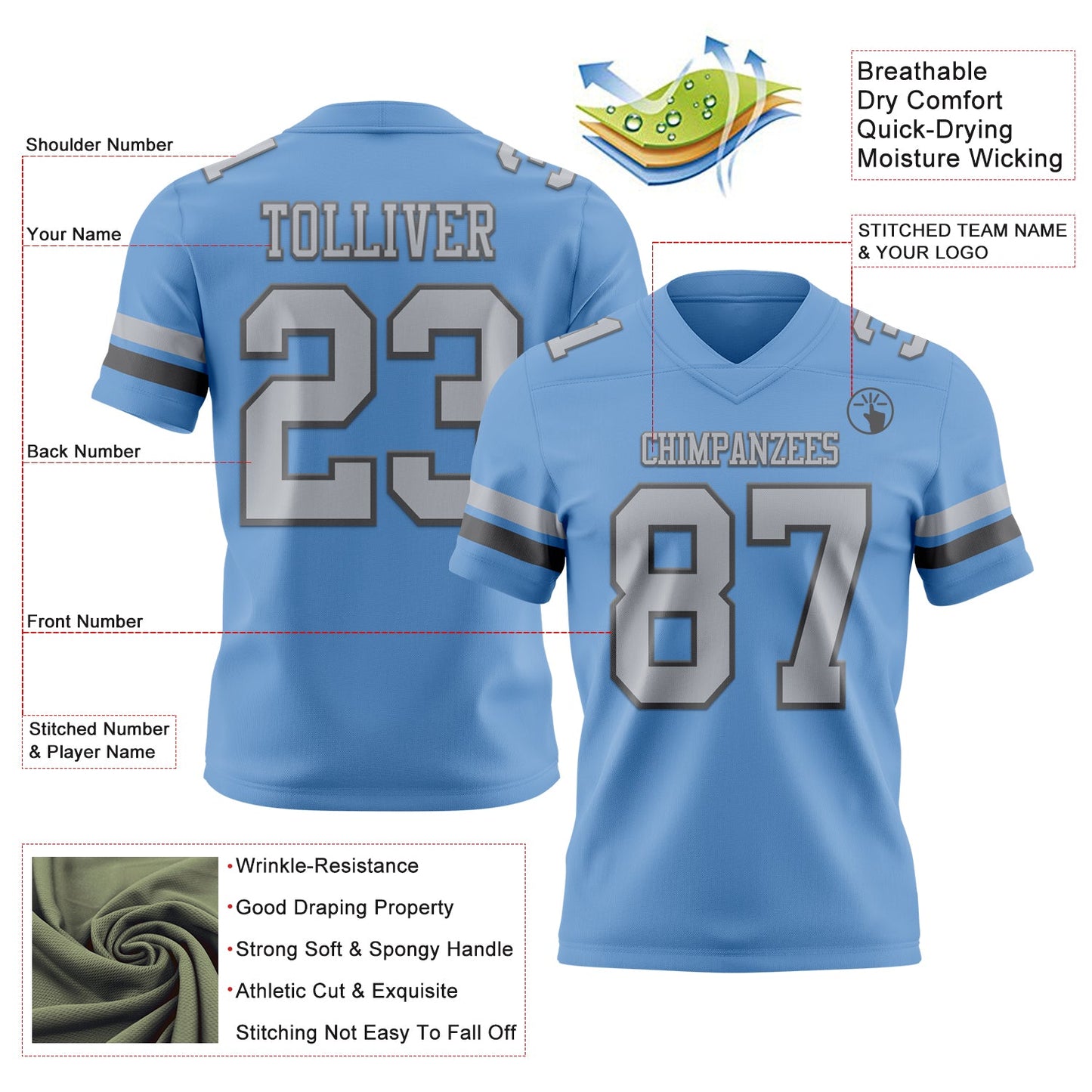 Custom Light Blue Gray-Steel Gray Mesh Authentic Football Jersey - Sky-Custom