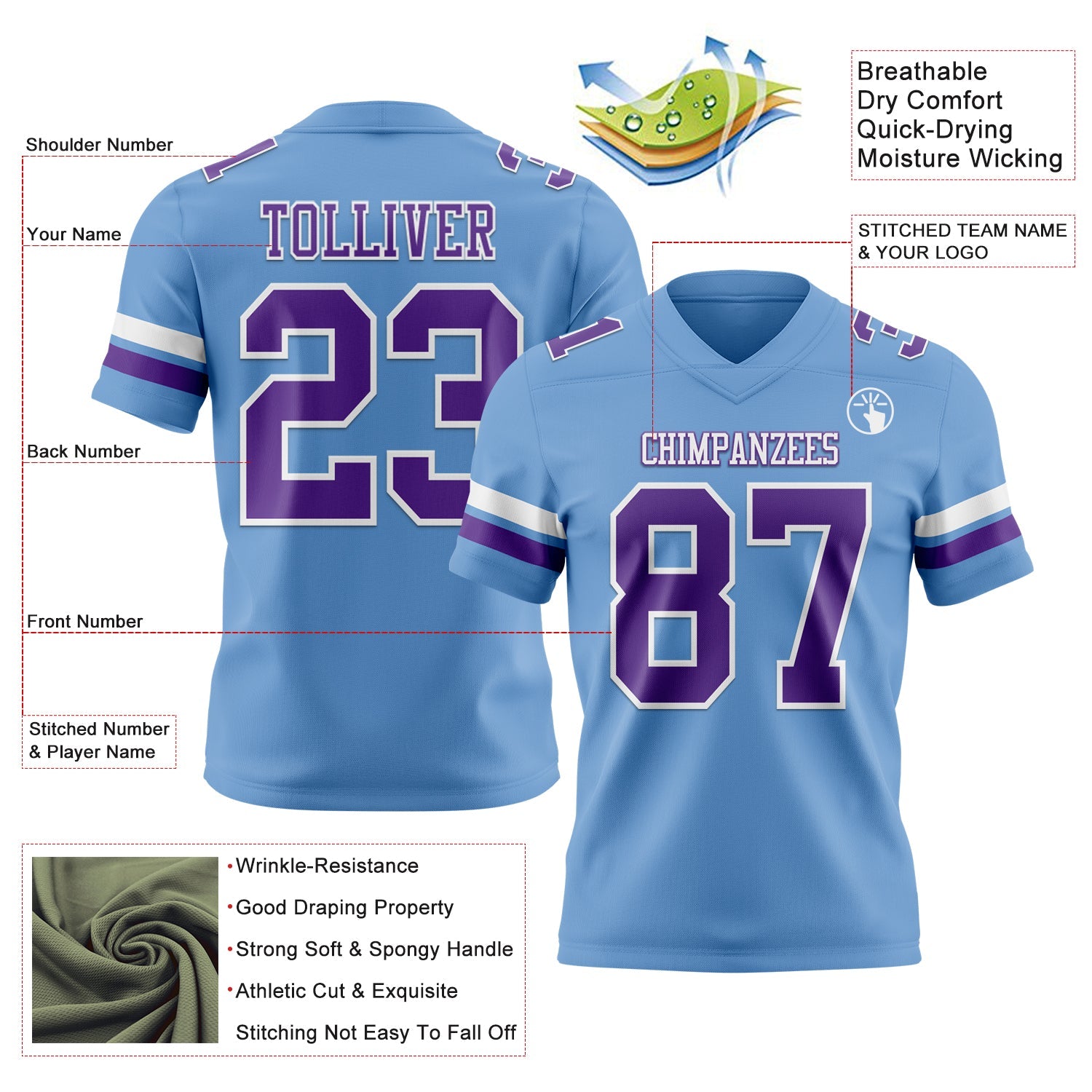 Custom Light Blue Purple-White Mesh Authentic Football Jersey - Sky-Custom