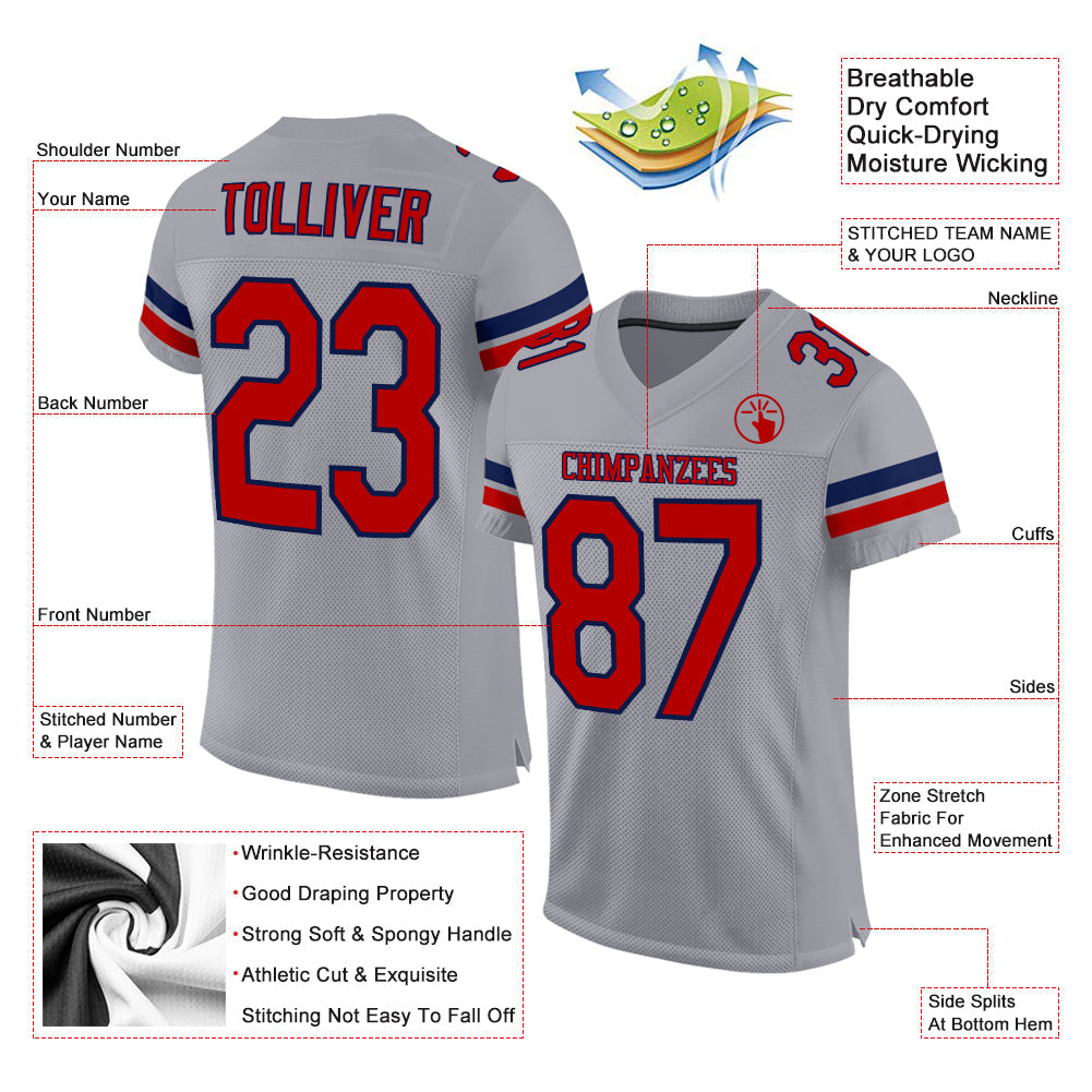 Custom Light Gray Red-Navy Mesh Authentic Football Jersey - Sky-Custom