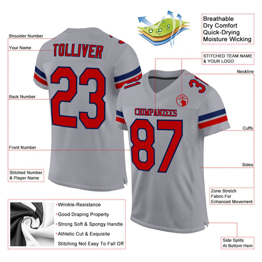 Custom Light Gray Red-Navy Mesh Authentic Football Jersey - Sky-Custom