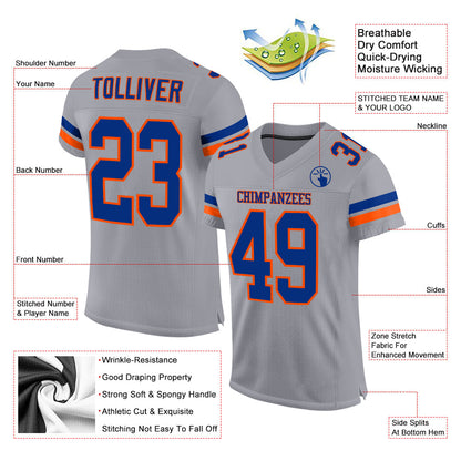 Custom Light Gray Royal-Orange Mesh Authentic Football Jersey - Sky-Custom