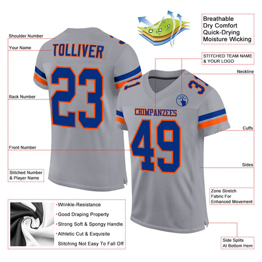 Custom Light Gray Royal-Orange Mesh Authentic Football Jersey - Sky-Custom