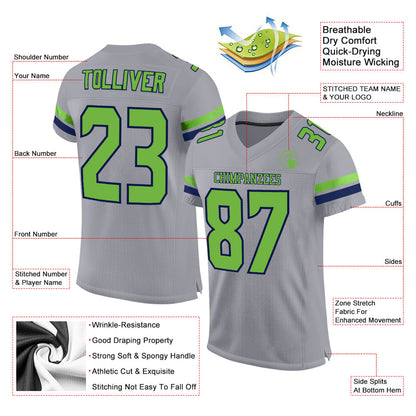 Custom Light Gray Neon Green-Navy Mesh Authentic Football Jersey - Sky-Custom