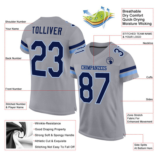 Custom Light Gray Navy-Powder Blue Mesh Authentic Football Jersey - Sky-Custom