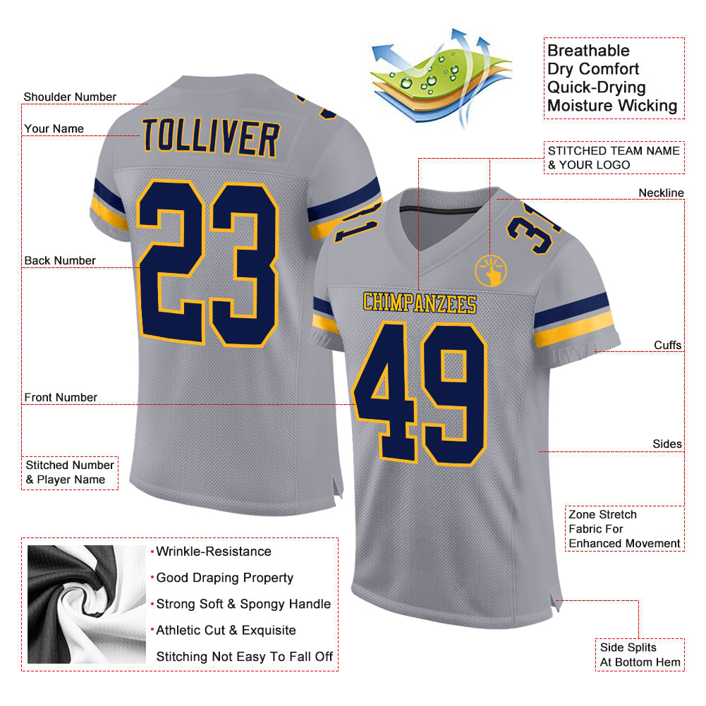 Custom Light Gray Navy-Gold Mesh Authentic Football Jersey - Sky-Custom