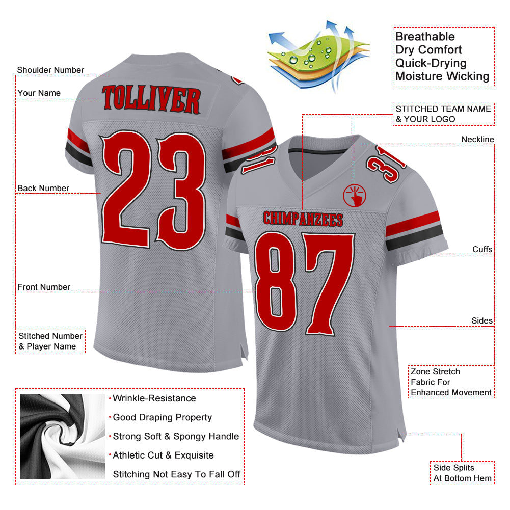 Custom Light Gray Red-Black Mesh Authentic Football Jersey - Sky-Custom
