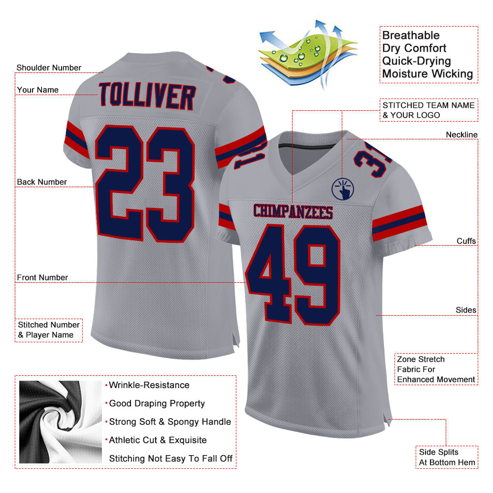 Custom Light Gray Navy-Red Mesh Authentic Football Jersey - Sky-Custom