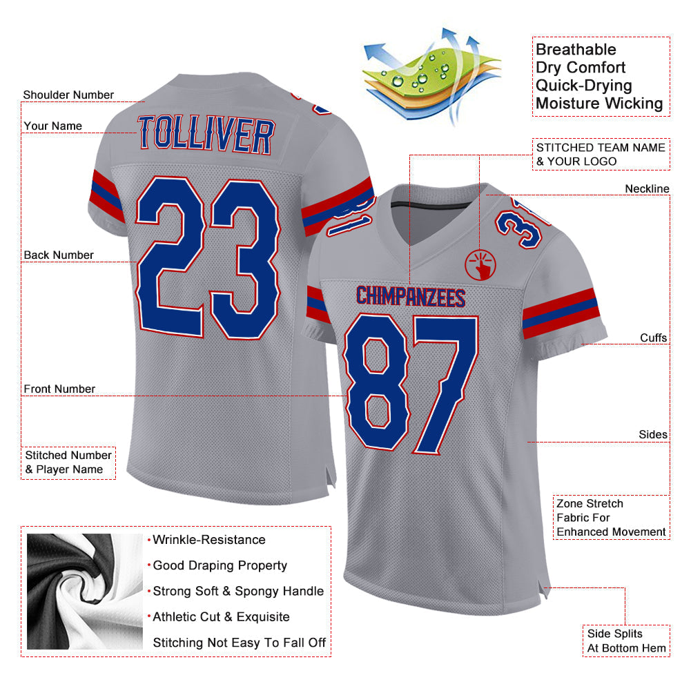 Custom Light Gray Royal-Red Mesh Authentic Football Jersey - Sky-Custom