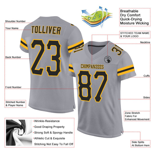 Custom Light Gray Black-Gold Mesh Authentic Football Jersey - Sky-Custom