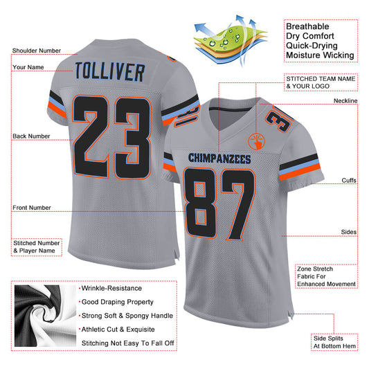 Custom Light Gray Black-Powder Blue Mesh Authentic Football Jersey - Sky-Custom