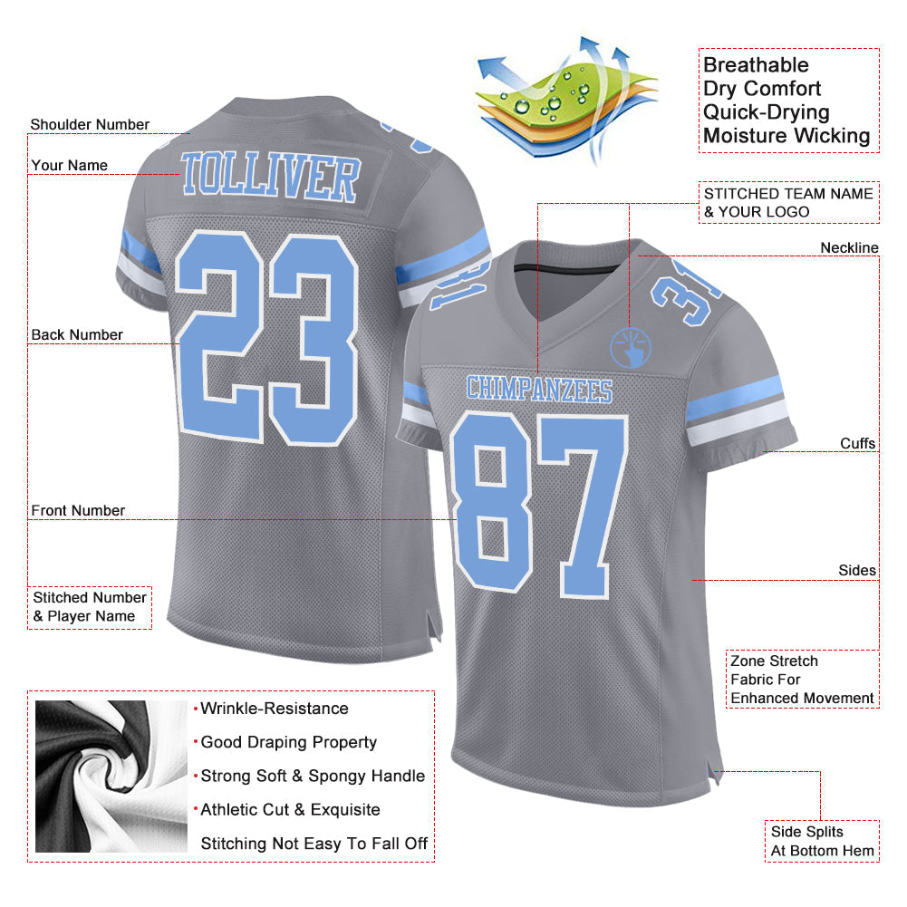 Custom Light Gray Light Blue-White Mesh Authentic Football Jersey - Sky-Custom