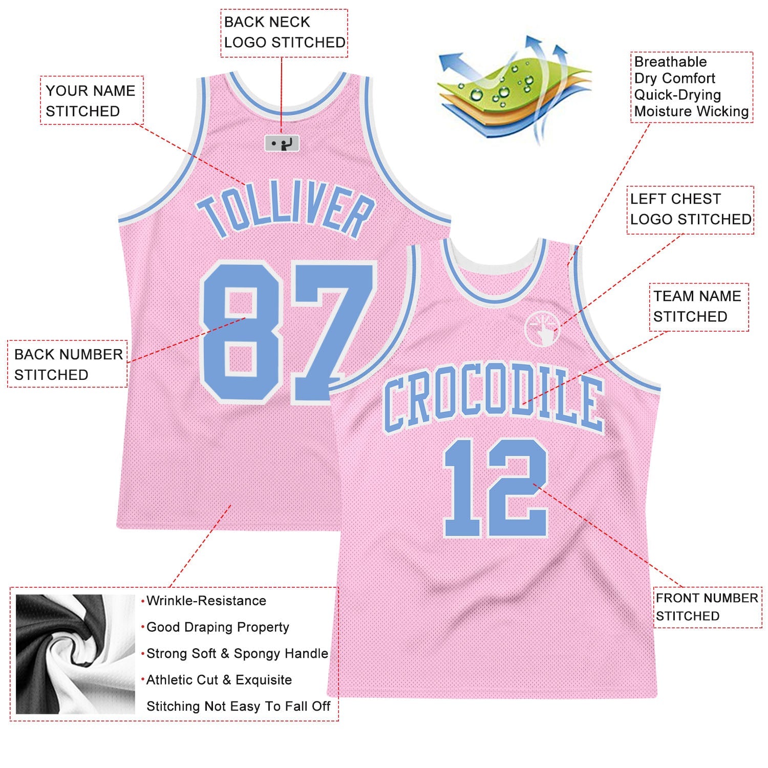 Custom Light Pink Light Blue-White Authentic Throwback Basketball Jersey - Sky-Custom