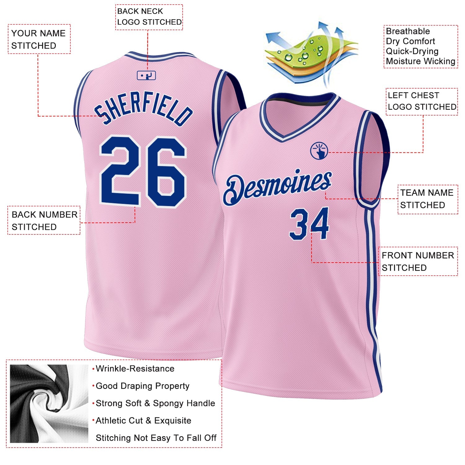 Custom Light Pink Royal-White Authentic Throwback Basketball Jersey - Sky-Custom