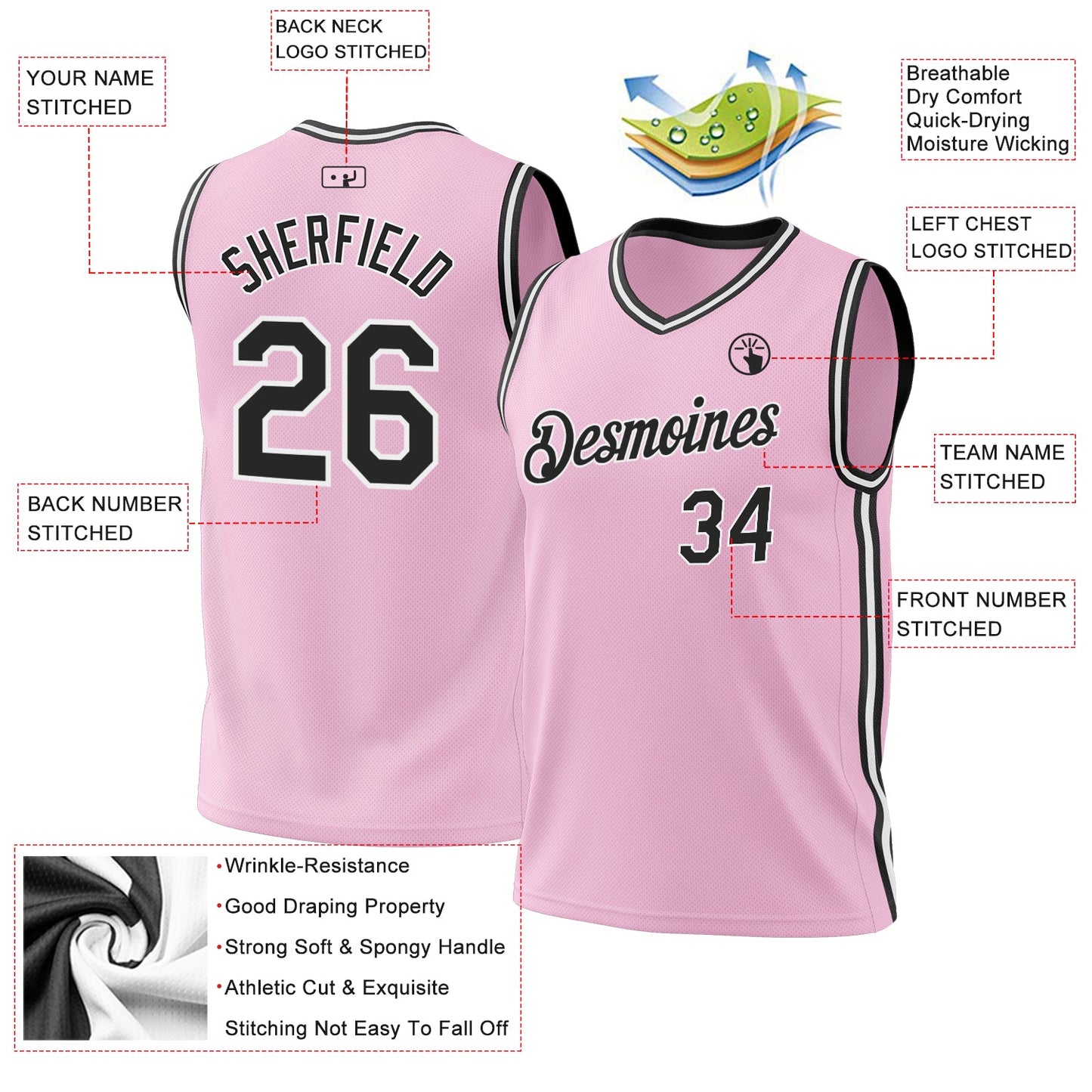 Custom Light Pink Black-White Authentic Throwback Basketball Jersey - Sky-Custom