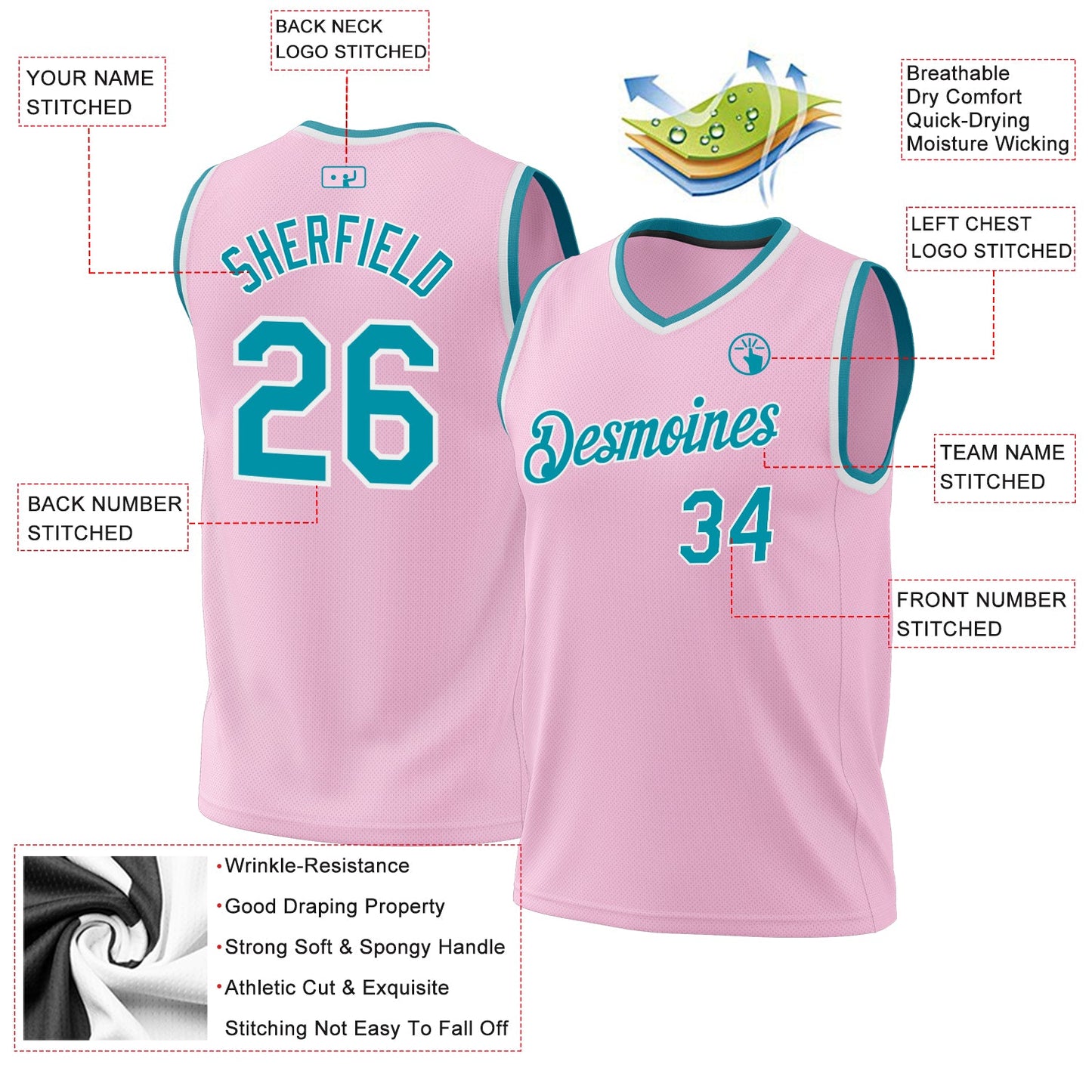 Custom Light Pink Teal-White Authentic Throwback Basketball Jersey - Sky-Custom