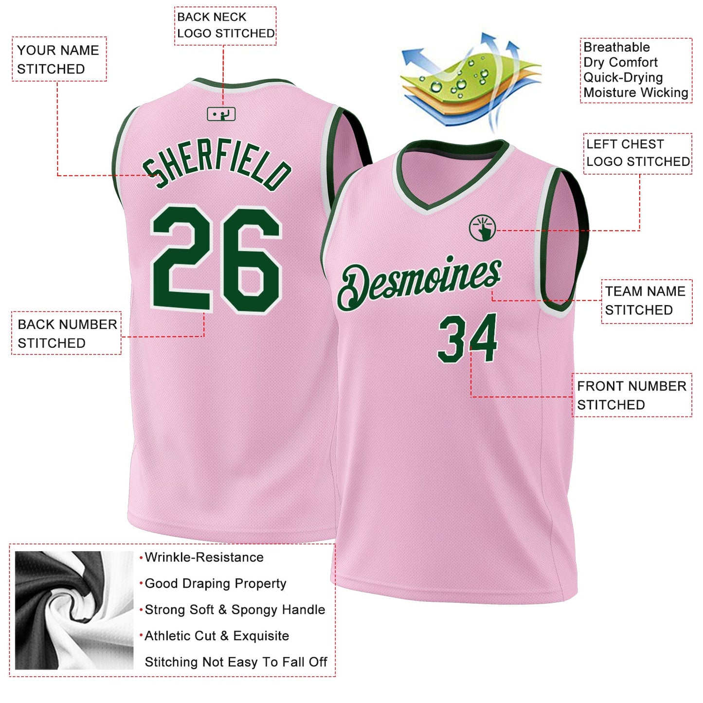 Custom Light Pink Green-White Authentic Throwback Basketball Jersey - Sky-Custom