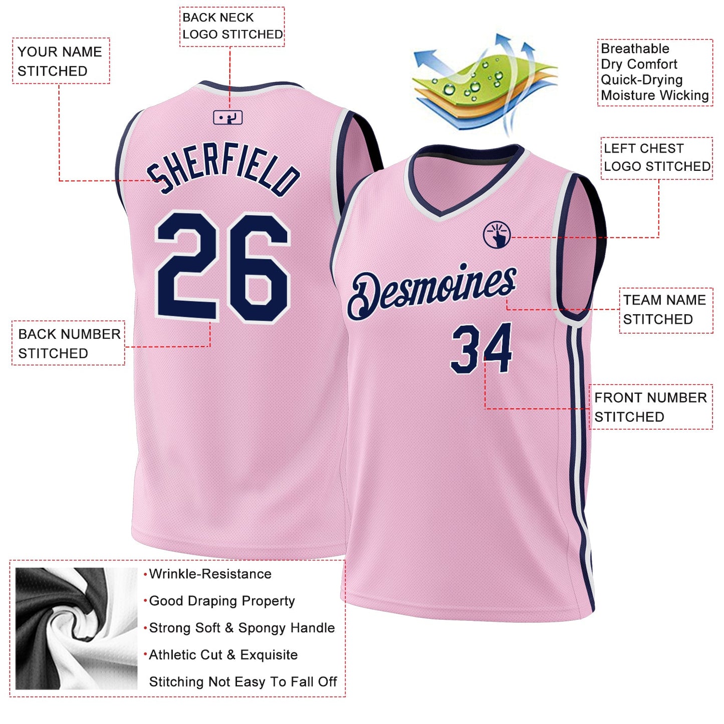 Custom Light Pink Navy-White Authentic Throwback Basketball Jersey - Sky-Custom
